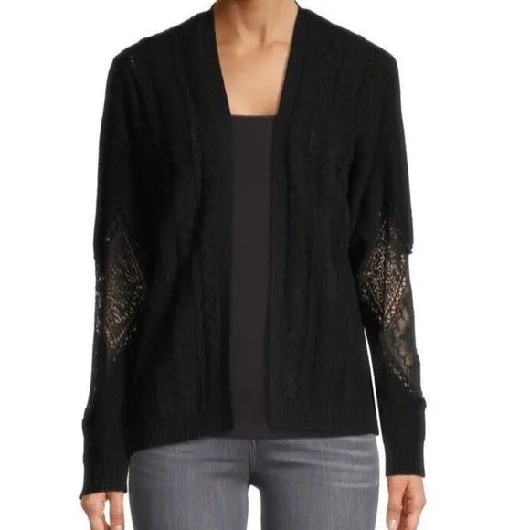 Kobi Halperin Joan Knit Cardigan Lace Sleeve Black Merino Wool Large NWT - Picture 1 of 10